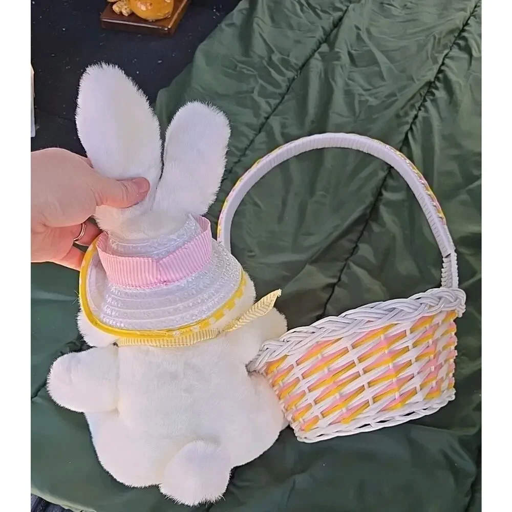 Vtg Easter Bunny Plush Rabbit Wicker Basket Set White Yellow Polka‎ Dot 90s Y2K